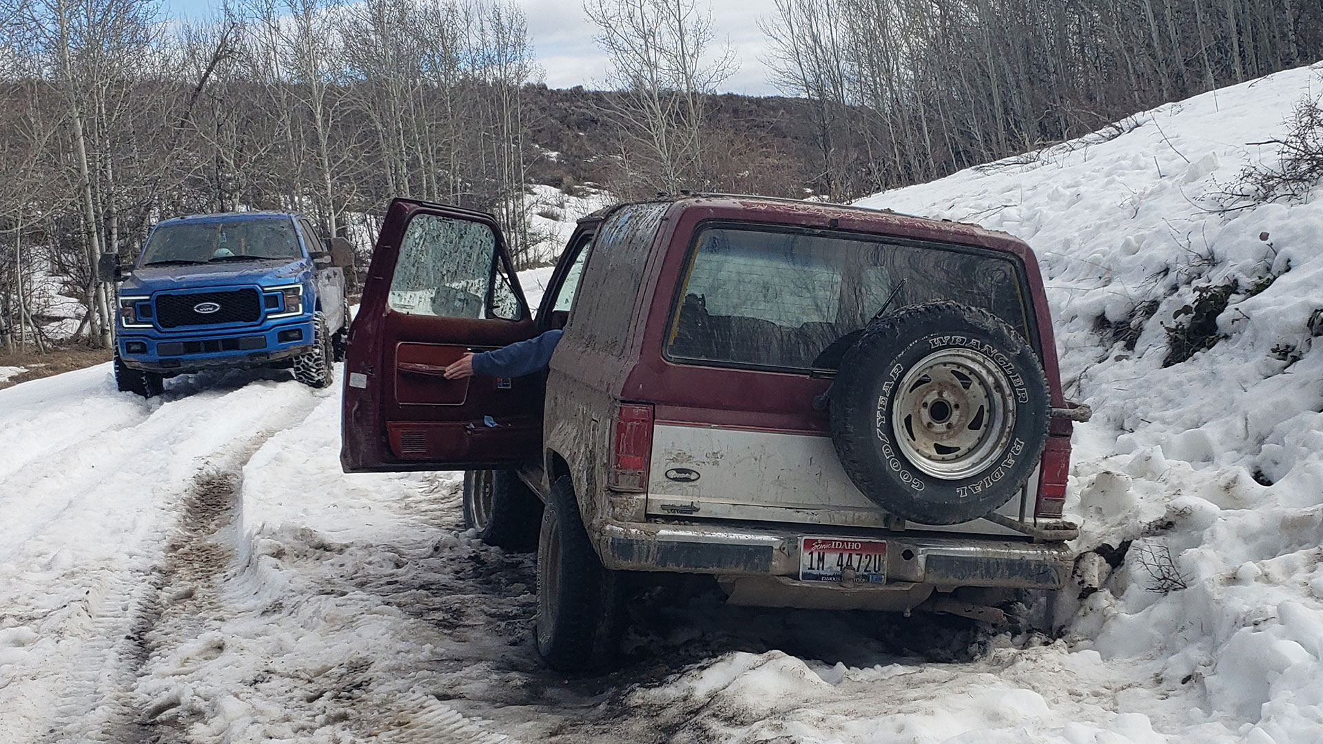 F150, slid off-road, mix of mud and snow