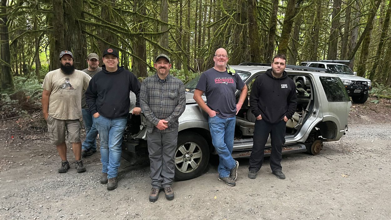 Volunteers Gage, Collin, Wyatt, Brent, Brian, Wesley, and Tim after performing the washington offroad recovery