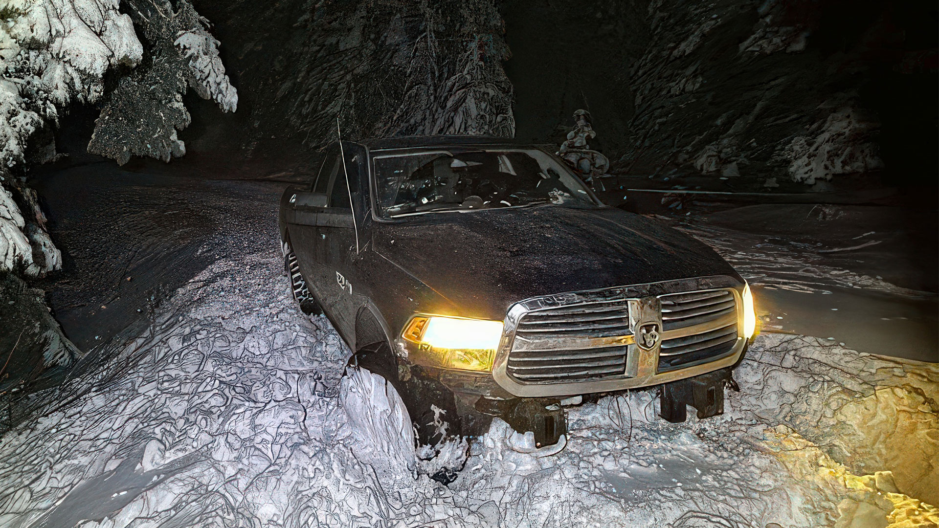 Deep snow sliding off-road to a drop-off