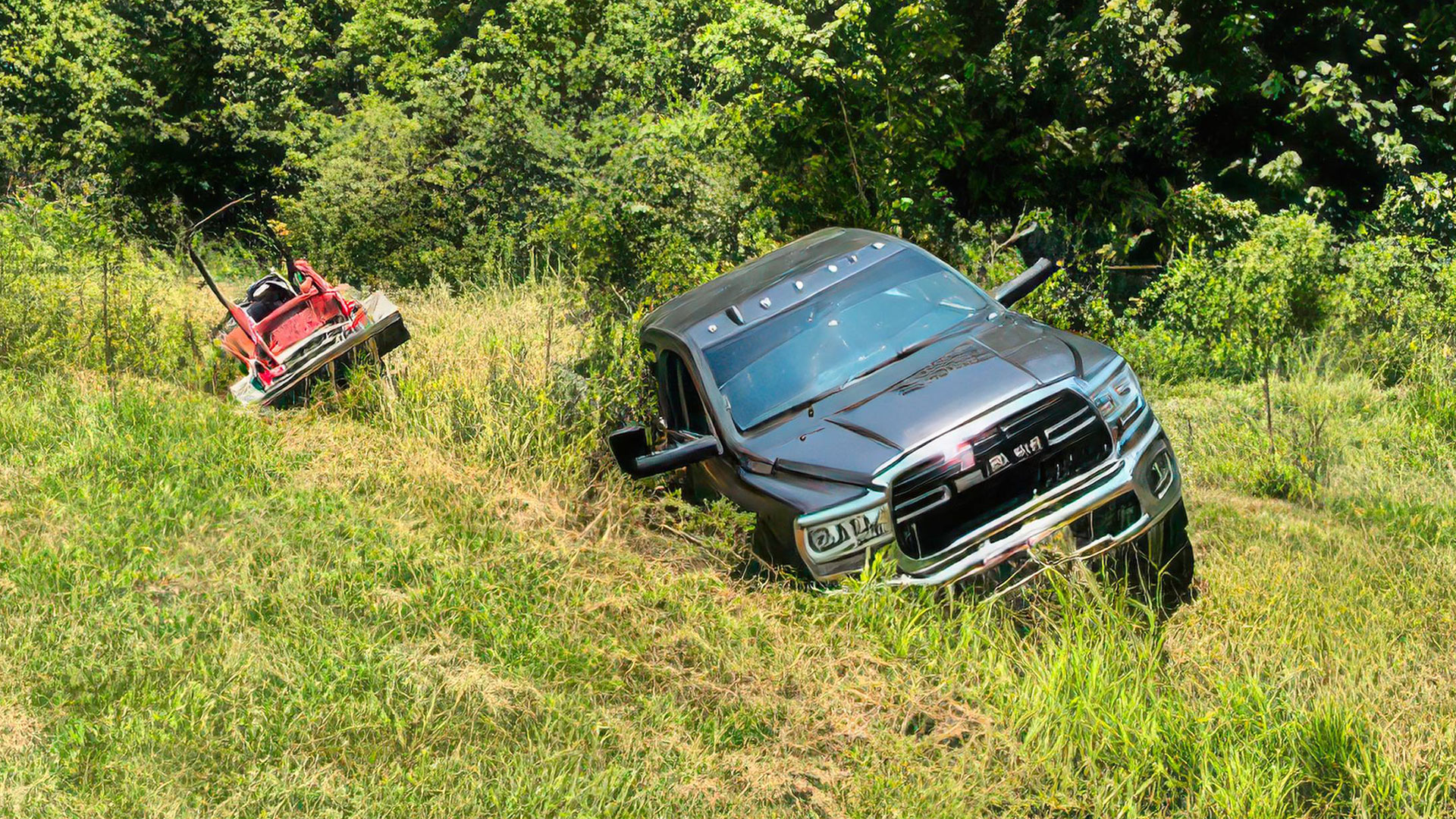 Tractor slid down a ditch