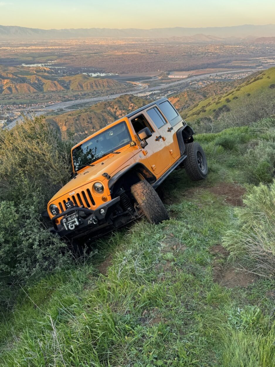 Yellow jeep about half way down california 4x4 rescue california offroad recovery